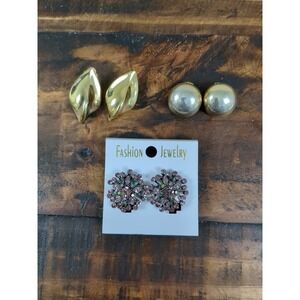 Lot Of 3 Pair of Clip On Earrings Gold Tone‎ & Pink Stones